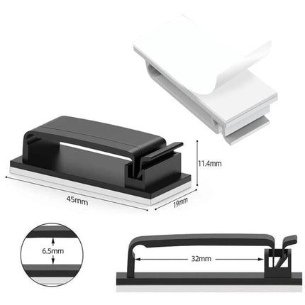 Cable Clips for Organizing Desk Cables in Daily Workspaces - black plastic adhesive cable clip with measurements, holds chargers and USB cords