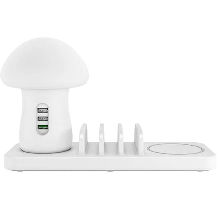 Versatile Charging Station for Daily Home Device Needs - white mushroom-style wireless charger with three USB ports and dock for phone, tablet and smartwatch