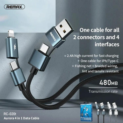 REMAX Multi-Connector Cable for Daily Device Charging Essentials - braided 4-in-1 data cable with USB, Type-C, Lightning connectors