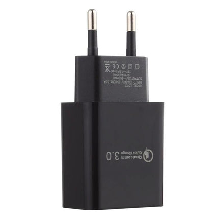 Travel Charger with EU Plug for Everyday Electronics - black USB wall adapter with two-pin EU plug and QuickCharge 3.0