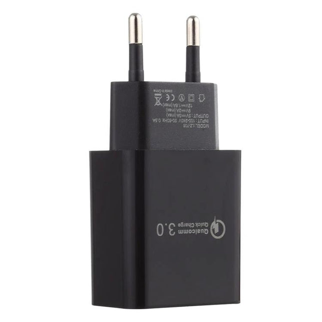 Travel Charger with EU Plug for Everyday Electronics - black USB wall adapter with two-pin EU plug and QuickCharge 3.0