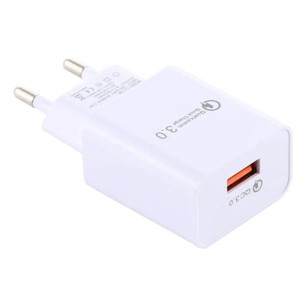 Travel Charger with EU Plug for Everyday Electronics white USB wall adapter with QC3.0 port for smartphone and tablet charging