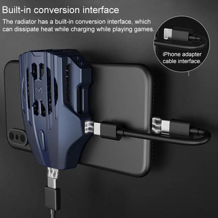 Handheld Cooling Accessory for Daily Phone Use attached to phone with built-in conversion interface and iPhone adapter cable
