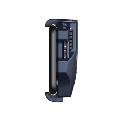 Handheld Cooling Accessory for Daily Phone Use showing side view of navy clip-on cooler for smartphone during gaming and video calls