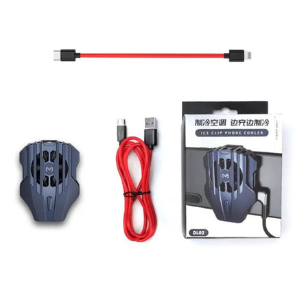 Handheld Cooling Accessory for Daily Phone Use shown with red USB cables and packaging for rapid phone heat management