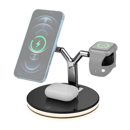 Compact Charger for Everyday Device Needs at Home - 3-in-1 charging stand for phone, Apple Watch, and AirPods on a sleek nightstand dock