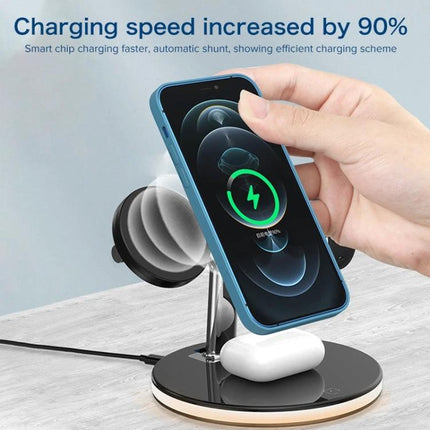 Compact Charger for Everyday Device Needs at Home charging stand with phone vertical and AirPods on nightstand