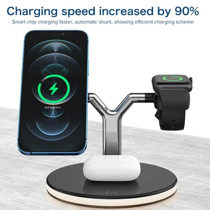 Compact Charger for Everyday Device Needs at Home - 3-in-1 wireless charging stand for phone, Apple Watch, and AirPods, space-saving nightstand organizer