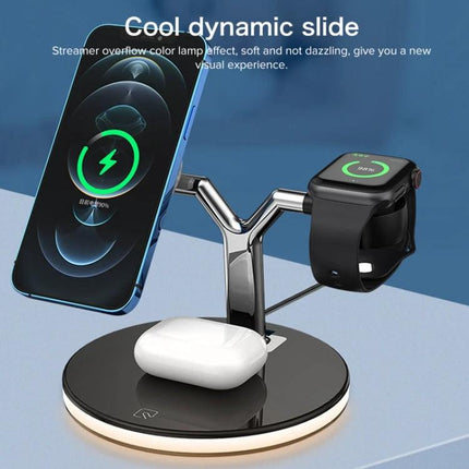 Compact Charger for Everyday Device Needs at Home charging phone vertically with Apple Watch and AirPods on a sleek 3-in-1 stand