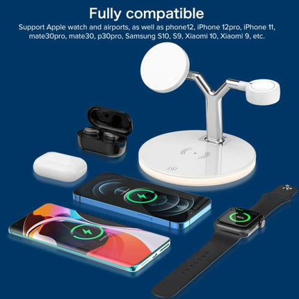 Compact Charger for Everyday Device Needs at Home - 3-in-1 wireless charging stand powering iPhone, Apple Watch and AirPods on nightstand