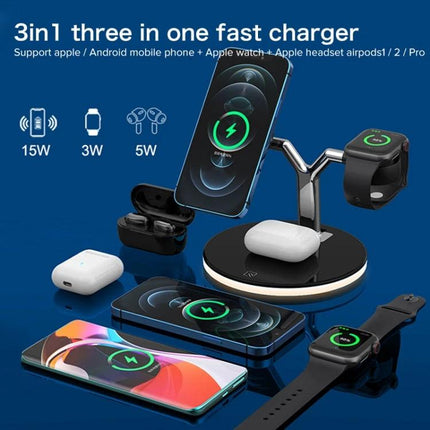 Compact Charger for Everyday Device Needs at Home charging stand with phones, Apple Watch and AirPods organized on nightstand