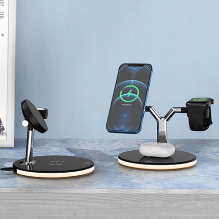 Compact Charger for Everyday Device Needs at Home with vertical phone stand, Apple Watch and AirPods charging on nightstand
