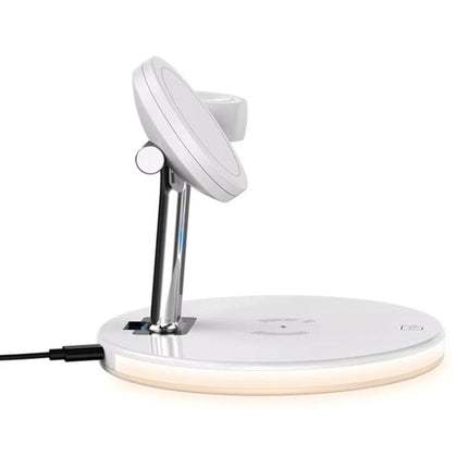 Compact Charger for Everyday Device Needs at Home - white 3-in-1 charging stand for phone, Apple Watch and AirPods on nightstand
