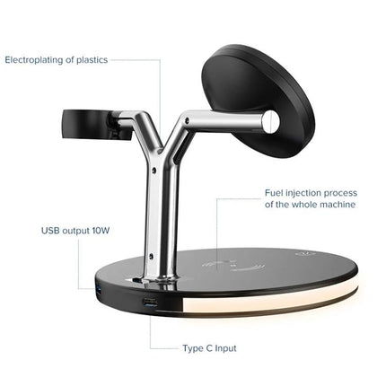 Compact Charger for Everyday Device Needs at Home – sleek black 3-in-1 wireless charging stand with USB output and Type C input