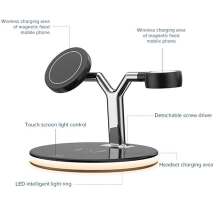 Compact Charger for Everyday Device Needs at Home - dual magnetic wireless phone pads with Apple Watch and AirPods charging stand, LED light ring