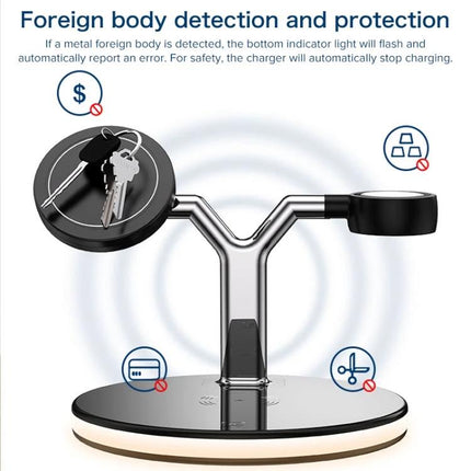 Compact Charger for Everyday Device Needs at Home showing charging stand with foreign body detection, keys on phone pad and Apple Watch dock, nightstand-ready