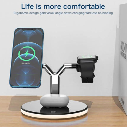 Compact Charger for Everyday Device Needs at Home showing phone, Apple Watch, and AirPods charging on a sleek three-in-one stand