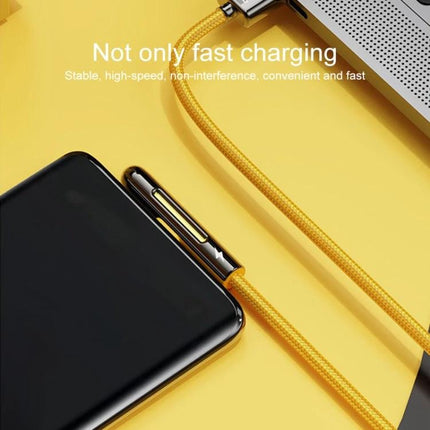 ROCK M3 Cable for Daily Phone Charging and Gaming Use - yellow T-shaped braided cable plugged into smartphone and laptop for ergonomic charging