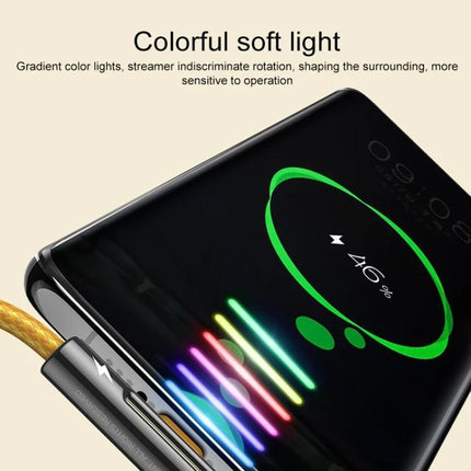 ROCK M3 Cable for Daily Phone Charging and Gaming Use showing T-shaped connector with colorful soft light while charging phone