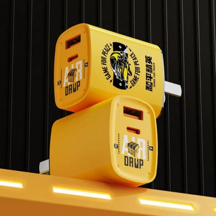 Rock Travel Charger for Everyday and Travel Device Use - compact yellow dual-port travel charger for phone and tablet