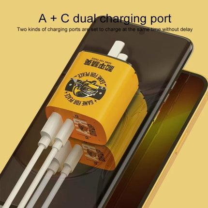 Rock Travel Charger for Everyday and Travel Device Use compact yellow dual-port charger powering phone and tablet with multiple cables