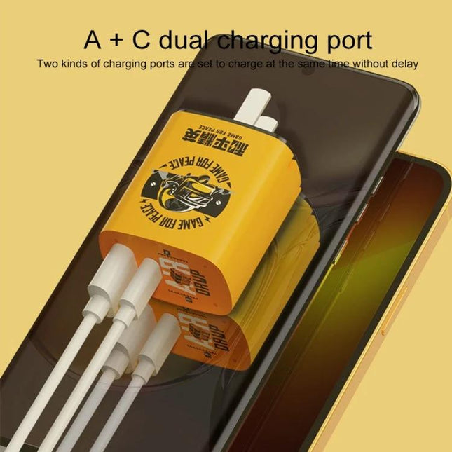 Rock Travel Charger for Everyday and Travel Device Use compact yellow dual-port charger powering phone and tablet with multiple cables
