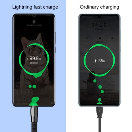 WK USB Cable for Daily Phone Charging and Data Syncing showing braided cable fast charge vs ordinary charging on two phones