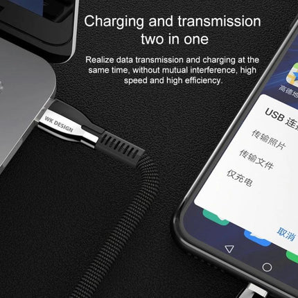 WK USB Cable for Daily Phone Charging and Data Syncing braided cable plugged into laptop and smartphone for fast charging and data transfer