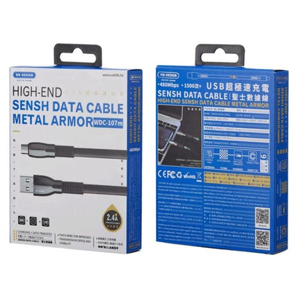 WK USB Cable for Daily Phone Charging and Data Syncing — braided high-end USB data cable in retail packaging showing front and back