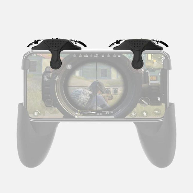 Compact Phone Trigger for Everyday Mobile Gaming Sessions attached to smartphone with ergonomic grips showing shooter game aiming view