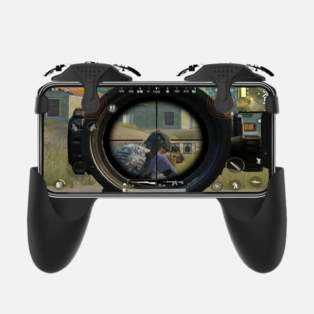 Compact Phone Trigger for Everyday Mobile Gaming Sessions attached to smartphone with ergonomic grips showing FPS game aiming view
