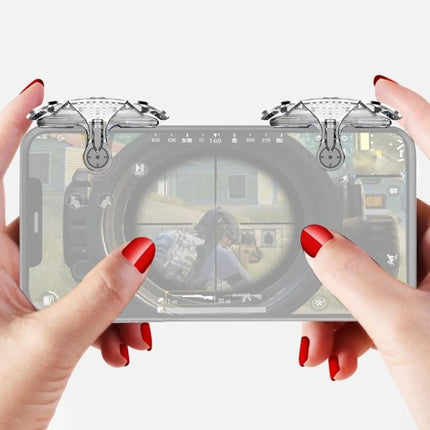 Compact Phone Trigger for Everyday Mobile Gaming Sessions attached to smartphone showing hands aiming in a shooter game