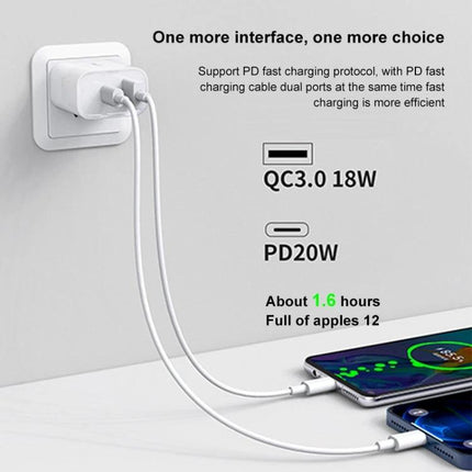 A Portable USB-C Charger for Your Everyday Device Needs shown charging two phones via PD20W and QC3.0 ports, compact pocket-friendly design.