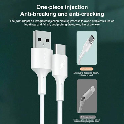 WK Charging Cable for Everyday Device Syncing and Charging white USB-C to USB cable showing durable one-piece injection molded connectors resisting breakage