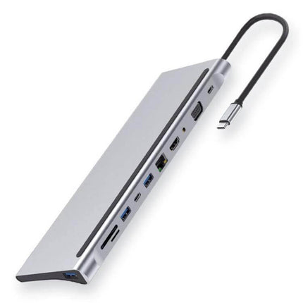 11-in-1 Type-C Hub Adapter for Device Connectivity slim aluminum alloy hub with multiple USB, HDMI, Ethernet, SD card slots for laptops