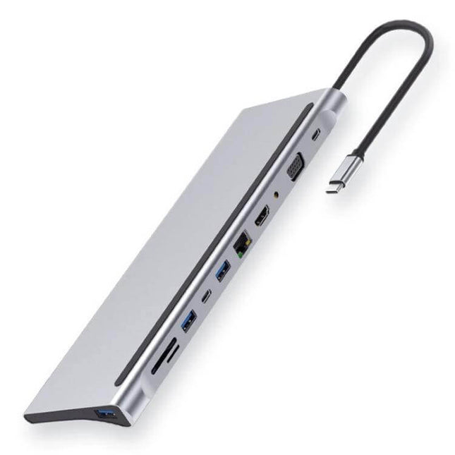 11-in-1 Type-C Hub Adapter for Device Connectivity slim aluminum alloy hub with multiple USB, HDMI, Ethernet, SD card slots for laptops