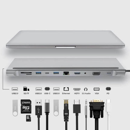 11-in-1 Type-C Hub Adapter for Device Connectivity compact aluminum hub showing multiple USB, HDMI, Ethernet, SD/TF slots and connected cables