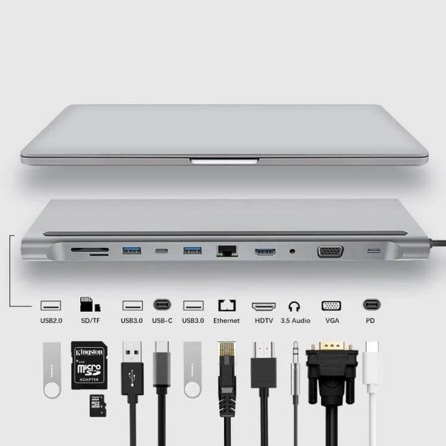 11-in-1 Type-C Hub Adapter for Device Connectivity compact aluminum hub showing multiple USB, HDMI, Ethernet, SD/TF slots and connected cables