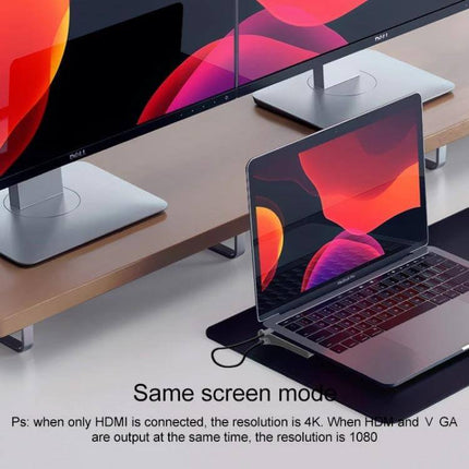 11-in-1 Type-C Hub Adapter for Device Connectivity connected to laptop and dual monitors, aluminum alloy hub for charging, USB and HDMI output