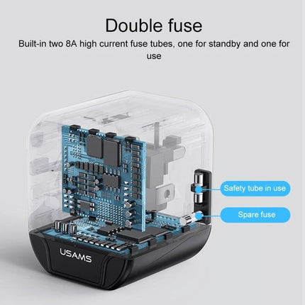USAMS Universal Multi-Plug Travel Charger for Global Use showing internal double fuse and spare fuse design