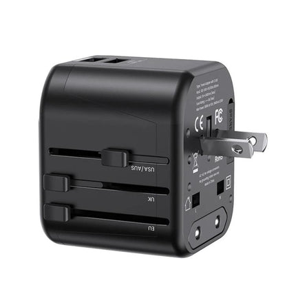 USAMS Universal Multi-Plug Travel Charger for Global Use shown with folded US plug and interchangeable EU/UK/USB ports