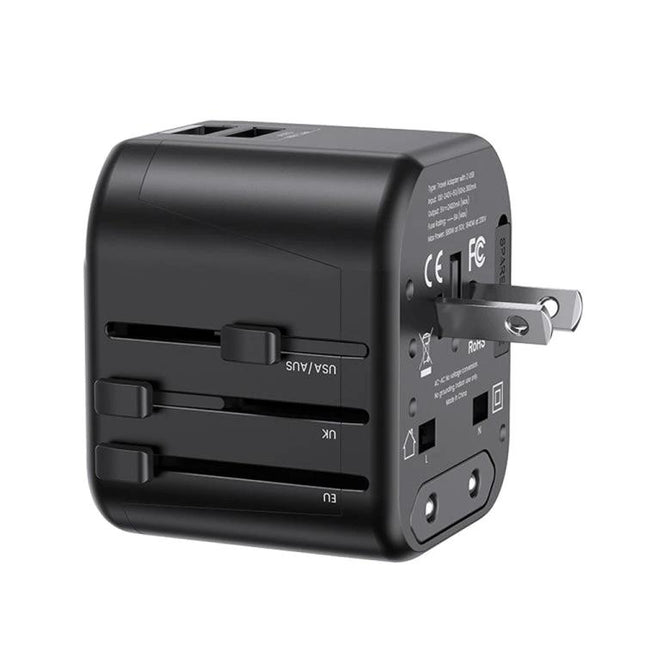 USAMS Universal Multi-Plug Travel Charger for Global Use shown with folded US plug and interchangeable EU/UK/USB ports