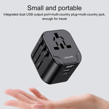 Alt Tag: USAMS Universal Multi-Plug Travel Charger for Global Use compact black adapter with dual USB ports and interchangeable international plugs