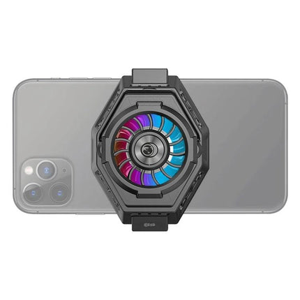 Essential Phone Cooler for Gaming and Streaming Sessions attached to back of smartphone with RGB fan preventing overheating