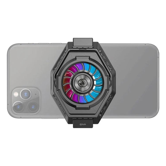 Essential Phone Cooler for Gaming and Streaming Sessions attached to back of smartphone with RGB fan preventing overheating