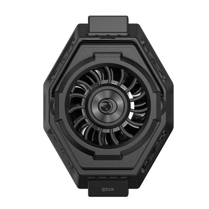 Essential Phone Cooler for Gaming and Streaming Sessions — top-down view of black active cooling fan for phones preventing overheating during long gameplay