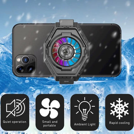 Essential Phone Cooler for Gaming and Streaming Sessions attached to smartphone showing RGB fan, rapid cooling and quiet operation