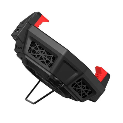 Essential Phone Cooler for Gaming and Streaming Sessions black compact clip-on cooler with red grips and fold-out stand
