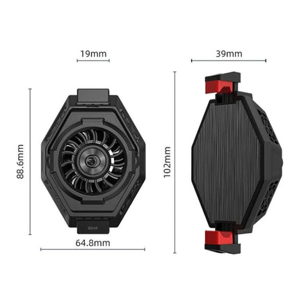 Essential Phone Cooler for Gaming and Streaming Sessions - compact hex design with fan, clip dimensions 88.6x64.8x39mm for mobile devices