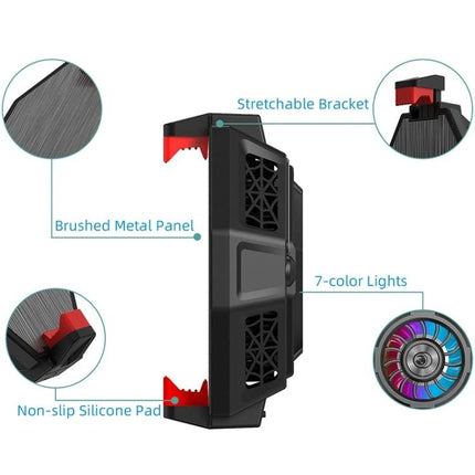 Essential Phone Cooler for Gaming and Streaming Sessions showing stretchable bracket, brushed metal panel, non-slip silicone pads and 7-color LED fan